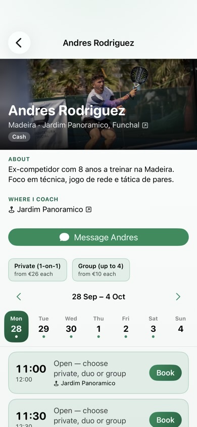 Choosing a coach on their Padel Papi coach page