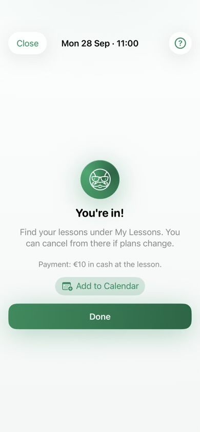 Booking form showing the lesson price before confirming