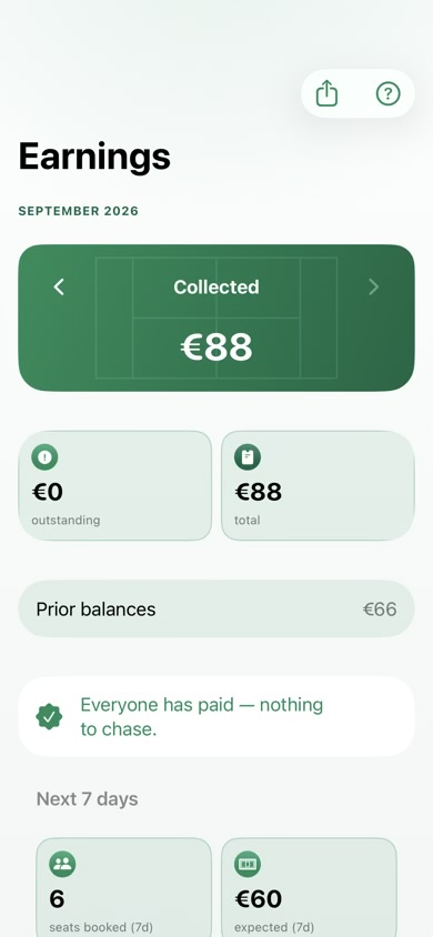 A coach's earnings screen showing what's collected and what's owed