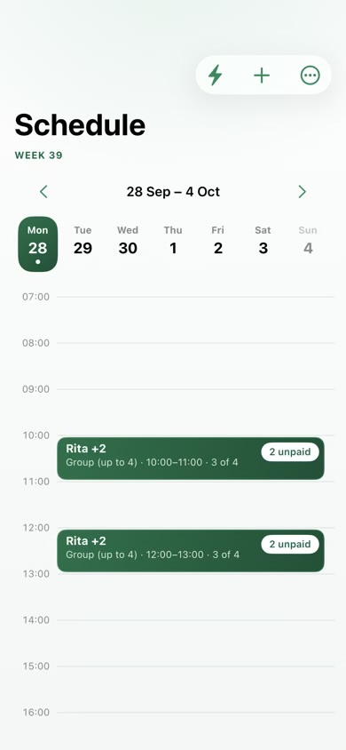 The Schedule screen with booked and open sessions