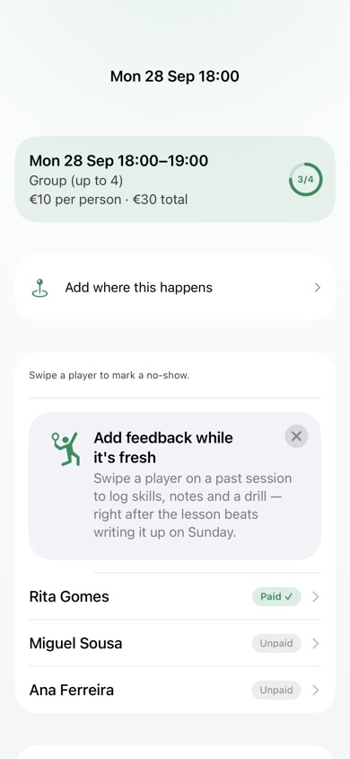 A coach's session screen showing who is booked and who has paid