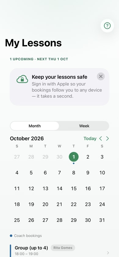 A booked padel lesson in My Lessons, with reminders