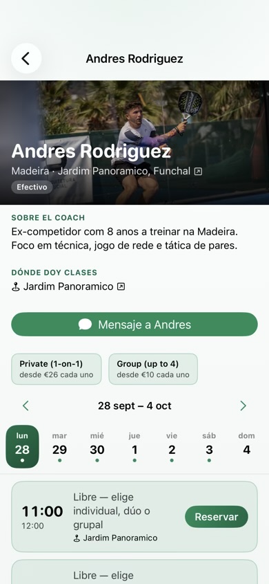 Eligiendo un entrenador de pádel en su página en Padel Papi