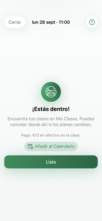 Formulario de reserva con el precio de la clase antes de confirmar