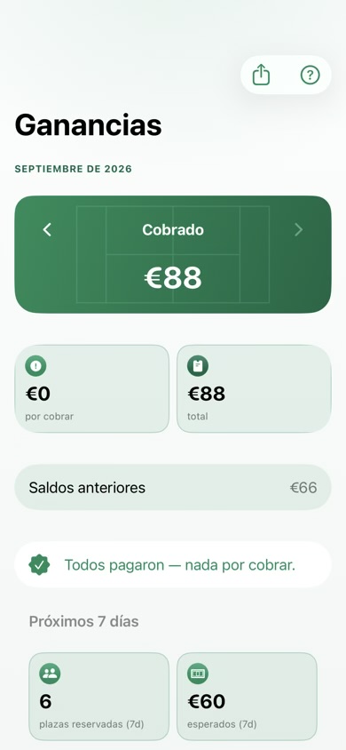 La pantalla Ganancias con el total, lo cobrado y lo pendiente del mes