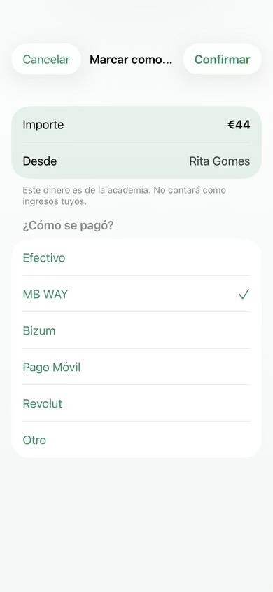 Marcando una clase como pagada en la app del entrenador