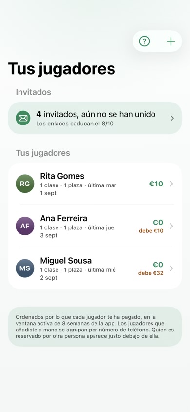 La lista Tus jugadores con sesiones, saldos y crédito