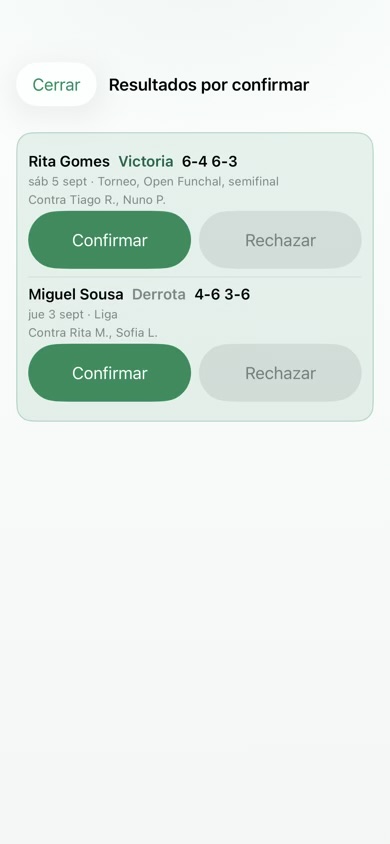 Un resultado de partido confirmado en la página de un entrenador