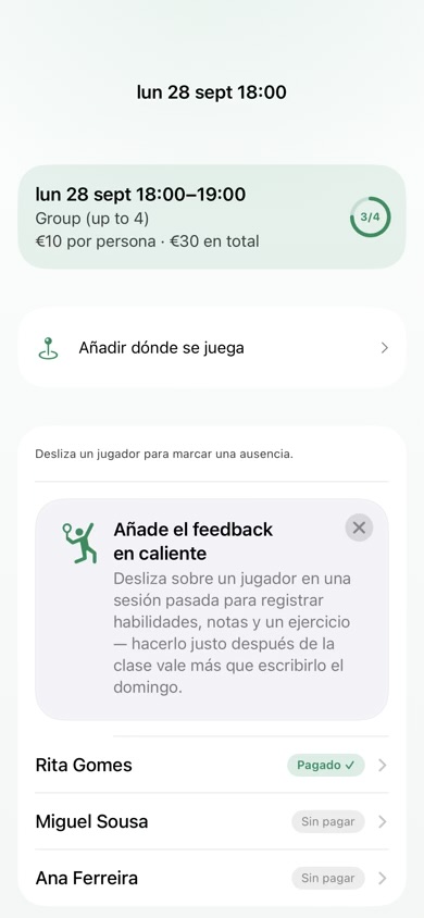 Pantalla de una sesión, con quién está apuntado y quién ha pagado