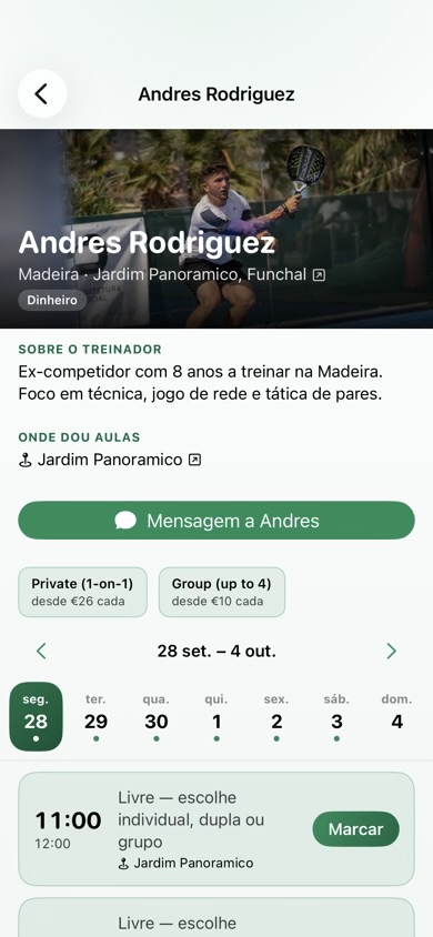 A escolher um treinador na sua página na Padel Papi