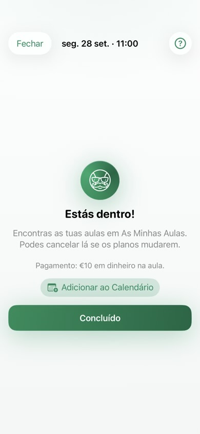 Formulário de marcação a mostrar o preço da aula antes de confirmar