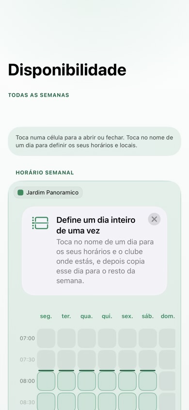 A grelha do Horário semanal na app de treinador do Padel Papi