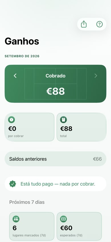 Ecrã de ganhos de um treinador, com o cobrado e o em falta