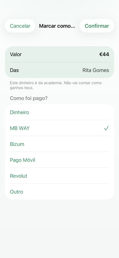 A marcar uma aula como paga na app do treinador