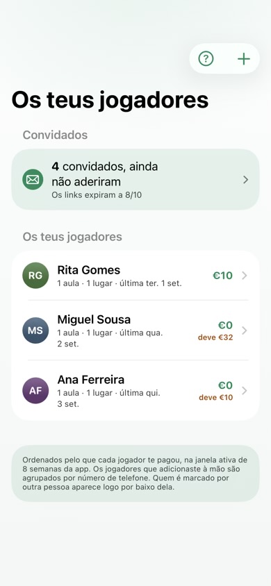 A lista Os teus jogadores com sessões, saldos e crédito