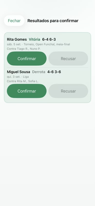 Um resultado de jogo confirmado na página de um treinador