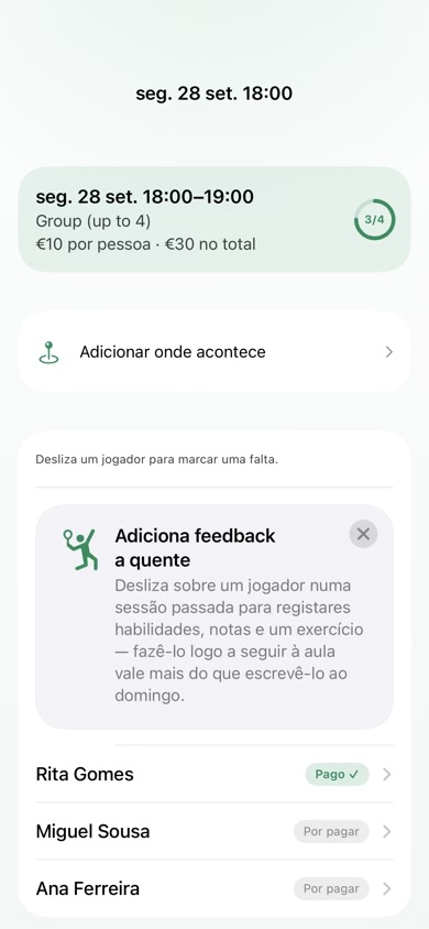Ecrã de uma sessão, a mostrar quem está inscrito e quem já pagou
